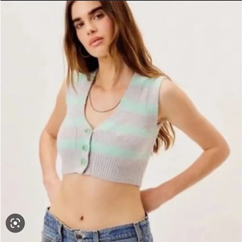 NWT For Love and Lemons Green Grey Stripe Maud Crop Knit Sweater Vest XS
